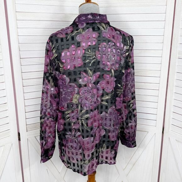 Vintage Notations Sheer Floral Check Shimmer Blouse Black Purple Large - Picture 4 of 11